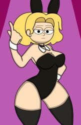 1girls amphibia amphibia_(finale) big_breasts blonde_hair bow bow_accessory bunny_costume bunny_ears bunny_ears_(cosmetic) bunny_girl bunny_suit bunnygirl bunnysuit censored clothed clothing disney disney_channel light-skinned_female light_skin looking_at_viewer playboy_bunny sasha_waybright simple_background suit thick_thighs thighhighs thighs wide_hips