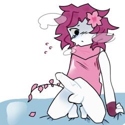 1boy berrysoda blush dick_out flower_in_hair forsaken_(roblox) gloves half-dressed looking_down on_bed request two_time_(forsaken)