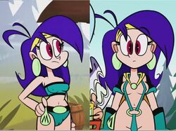 accurate_art_style blue_hair cameltoe cartoon_network edited female female_only mighty_magiswords red_eyes screencap screenshot screenshot_edit sling_bikini swimsuit vambre_warrior