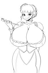 07th_expansion 1girls beatrice_(umineko) breast_focus breasts breasts_bigger_than_head busty cleavage dress evil_grin female female_only grin huge_breasts iggy-bomb iggybomb monochrome pipe smile solo top_heavy umineko_no_naku_koro_ni