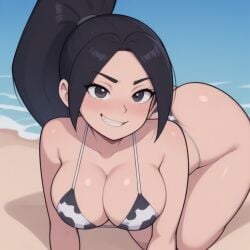 ai_generated all_fours asian asian_female beach bikini cow_bikini facing_viewer female hamburgerjoy ocean sage_(valorant) smirk valorant