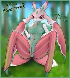 absurd_res anus arthropod ass belly blade_arm clitoris female generation_7_pokemon genitals green_body hi_res hourglass_figure insects looking_at_viewer lurantis mantis nintendo nipples pink_body pink_eyes pokemon pokemon_(species) pussy saintmarmo solo
