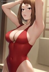 ai_generated armpits arms_behind_head arms_up bangs bare_shoulders blush boku_no_hero_academia breasts brown_eyes brown_hair cleavage collarbone covered_navel dandanhub female highleg indoors large_breasts leotard lips looking_at_viewer my_hero_academia ochako_uraraka one-piece_swimsuit parted_lips patreon_username red_leotard short_hair sidelocks solo swimsuit uraraka_ochako
