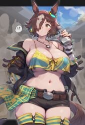 ai_generated animal_ears blue_eyes breasts_expansion brown_hair costume earrings female hair_covering_eye highlights_hairs horse_girl umamusume umamusume_pretty_derby vodka_(umamusume)