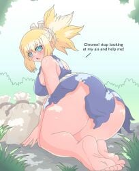 annoyed annoyed_expression ass_bigger_than_head big_breasts blonde_hair blonde_hair_female blue_eyes blush_lines breasts bubble_butt chrissursilversoul crawling dr.stone english_text fat_ass female kohaku_(dr.stone) offscreen_character on_hands_and_knees talking_to_another thick_ass thick_thighs