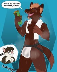 blood bodily_fluids bulge cheek_tuft clothing excited exercise facial_tuft felid feline fluffy fluffy_chest hi_res hyena jockstrap male male_only mammal musk nosebleed sweat towel tuft underwear workout