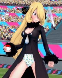 blonde_hair childish_panties crowd_watching cynthia_(pokemon) embarrassed_underwear_female euf hair_ornament itzalksr nintendo pokeball pokemon pokemon_dppt print_panties public_exposure shirona_(pokemon) squirtle zenigame