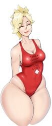 arms_behind_back blizzard_entertainment blonde_hair lifeguard mercy overwatch overwatch_2 simple_background smiling sunnysundown thick_thighs white_background wide_hips