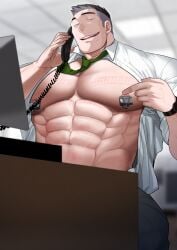 1boy abs absol_(dkqthf) bara bare_breasts beefy big_areola big_breasts binder black_eyes black_hair blurry_background breast_bigger_than_head breast_markings breasts broad_shoulders ceiling daddy dilf gay half-closed_eyes hi_res holding_object huge_breasts hunk indoors light_skin looking_at_viewer male male_breasts male_only manly maou_abusorun masochism mature_male muscles muscular muscular_male narrowed_eyes navel necktie nipple_play off_screen_character office office_clothing open_clothes oppai original original_character pale_skin pecs pinching_nipples rope_marks salaryman sanpaku seductive short_hair sitting six_pack small_pupils smirk spiky_hair stomach_markings suit suit_and_tie talking_on_phone thick_eyebrows tough_guy veiny_arms white_shirt wristwatch yaoi