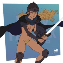 armor blonde_hair breasts brown_cape cape closed_mouth eowyn female female_pubic_hair helmet holding holding_sword holding_weapon long_hair nipples oca-world pubic_hair shield small_breasts solo standing sword the_lord_of_the_rings tolkien's_legendarium weapon