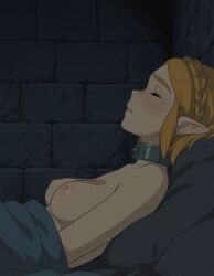 1girls ai_generated areolae blonde_hair breasts captured captured_heroine collar collar_only enslaved enslaved_royal implied_masturbation medium_breasts nipples princess_zelda royalty slave slave_collar small_breasts solo solo_female tagme the_legend_of_zelda