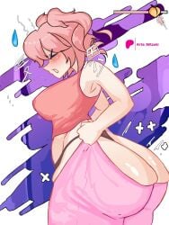1girls artemitzuki_(artist) ass blush bubble_butt doki_doki_literature_club dumptruck_ass female frustrated huge_ass natsuki_(doki_doki_literature_club) pink_hair wardrobe_malfunction