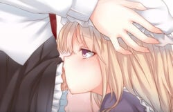 1futa 1girls bangs black_skirt blonde_hair blush cum cum_in_mouth cum_inside deepthroat erection eyebrows_visible_through_hair fellatio female from_side futa_on_female futanari half-closed_eye hand_on_another's_head hand_on_head hat head_grab intersex irrumatio long_hair long_sleeves maribel_hearn mob_cap multiple_girls oral overflow penis profile purple_eyes renko_usami skirt tori_(minamopa) touhou white_hat