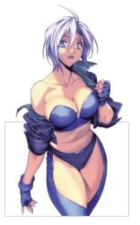 1girls angel_(kof) bare_shoulders black_panties blue_bra border bra breasts chaps cleavage collarbone cowboy_shot female female_focus female_only fingerless_gloves gloves hair_between_eyes hi_res homare_(fool's_art) jacket king_of_fighters king_of_fighters_2001 large_breasts leather_jacket looking_at_viewer midriff navel off_shoulder open_jacket open_mouth short_hair smile snk solo standing underwear white_background white_hair