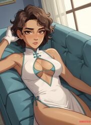 1girls ai_generated bare_thighs blush breasts brown_eyes brown_hair bubbleteexl chinese_dress cleavage cleavage_cutout cleavage_dress cleavage_window clementine_(the_walking_dead) clothed clothing couch dress female female_focus female_only gloves light-skinned_female light_skin looking_at_viewer medium_breasts medium_hair the_walking_dead the_walking_dead_game thighs