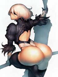 1girls ass big_ass bubble_butt cowboy_shot curvy dat_ass female female_only from_behind fumio_(rsqkr) huge_ass leg_lift leotard nier nier:_automata solo thick_thighs thighhighs thighs wide_hips yorha_2b