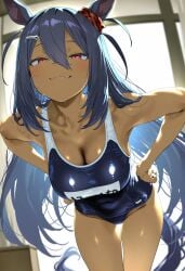 ai_generated animal_ears dark-skinned_female dark_skin female hairband hairpin hishi_amazon_(umamusume) looking_at_viewer orange_eyes school_swimsuit umamusume umamusume_pretty_derby
