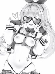 absurdres blush breasts chest_harness collar commentary double_v female fingerless_gloves gloves hair_ribbon harness heart heart-shaped_eyewear heart_in_eye highres himemori_luna himemori_luna_(streetwear) holoforce hololive hololive_japan jacket long_hair long_sleeves looking_at_viewer nail_polish nanashi_(nlo) navel necktie nipples octopus_ornament open_mouth panties ribbon shorts simple_background smile solo stomach sunglasses symbol_in_eye teeth underwear v virtual_youtuber zipper_pull_tab