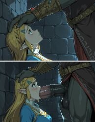 1girls ai_generated blonde_hair blowjob blush female ganondorf green_eyes hand_on_head impossible_fit instant_loss_2koma princess_zelda royal royalty tagme the_legend_of_zelda
