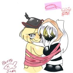 1x1x1x1_(forsaken) 2girls artist_logo artist_name berrysoda blush breasts champion_1x1x1x1 forsaken_(roblox) gasharpoon_john_doe john_doe_(forsaken) looking_away request roblox roblox_game robloxian rule_63 self_upload sideboob sweat tagme tied_up