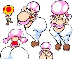 1girls 2d 2d_artwork back_view belly_button big_breasts big_butt blush breasts brown_shoes clothed clothed_female different_angles eyelashes female huge_breasts huge_butt large_thighs mario_(series) mega_mushroom mushroom nintendo pointing_at_breasts profile_view red_vest simple_background thick_thighs toad_(mario) toadette white_background wide_hips xxturkiaxx