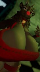 1girls 3d anthro antlers bell bell_collar bra breasts deer female furry huge_breasts looking_at_viewer peace_sign red_nose reindeer sloppydragons solo tagme tagme_(character) thick_thighs vrchat