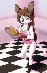 2025 anthro apron balls bottomless bread brown_hair chest_tuft clothed clothing crotch_tuft ear_piercing femboy food foreskin fur genitals hair handwear hi_res humanoid_genitalia humanoid_penis lagomorph leporid long_hair male male_only mammal one_eye_closed open_mouth oven_mitts penis piercing punkpega rabbit solo text tuft url whiskers white_body white_fur wink