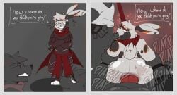 2024 2_panel_comic anal anal_sex animal_genitalia animal_penis anthro anthro_only ass big_butt canid canine canine_genitalia canine_penis colored cross-popping_vein dialogue digital_media_(artwork) english_text erection fellatio genitals group hand_print heart_eyes heart_symbol hi_res improvised_leash instant_loss_2koma knightferret knot lagomorph leash leash_pull leporid lucien_(urutaa) male male/male mammal oral penetration penile penis plap rabbit scarf sex sheathed_weapon smug solo_focus speech_bubble teary_eyes text trio