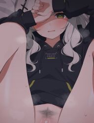 bar_censor black_jacket blue_archive blush censored commentary female female_pubic_hair green_eyes grey_hair grey_pubic_hair hair_ornament hare_(blue_archive) highres jacket kunugi_miyaco long_hair long_sleeves looking_at_viewer open_mouth pubic_hair pussy solo sweat tears x_hair_ornament