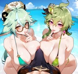 2girls aether_(genshin_impact) ai_generated areolae beach bikini blue_sky blush breasts cloud collei_(genshin_impact) cooperative_fellatio day erection erection_under_clothes finger_to_mouth genshin_impact green_bikini green_hair green_swimsuit hair_between_eyes horns imminent_oral large_breasts long_hair looking_at_viewer micro_bikini multiple_girls naughty_face nipples ponytail pov short_hair sky slingshot_swimsuit sucrose_(genshin_impact) swimsuit wet