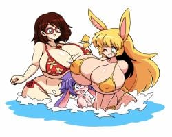 1boy 1girls 2girls age_difference between_breasts big_ass big_breasts bikini blonde_hair blush breasts brown_eyes brown_hair bunny_ears bunny_tail commission cute cute_face enjoying female glasses green_eyes honey_(paulgq) huge_ass huge_breasts in_water long_hair long_hair_female male milf milfs naked_torso original_character original_characters paulgq playful playing pocket_(paulgq) purple_hair red_bikini seductive seductive_look seductive_smile short_hair size_difference smiling splashing_water swimsuit taller_female taller_girl water white_background yellow_bikini