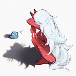akumi ass barefoot blurry blurry_foreground depth_of_field female from_behind full_body horns long_hair nude red_skin squatting striped very_long_hair vyugen white_hair yoclesh