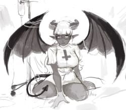 artist_name black-framed_eyewear black_and_white black_skin blunt_bangs demon_girl demon_tail female gloves horns hospital long_hair looking_at_viewer matilda_fiship on_knees original pentagram pointy_ears sad semi-rimless_eyewear simple_background solo tail thighs wings