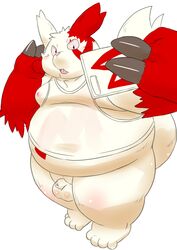 1boy 2017 anthro belly big_belly bottom_heavy bottomless chubby clothing huge_ass male male_only nintendo overweight overweight_male penis phone pokemon pokemon_(species) pokemon_rse rodemaru sheath shirt small_penis solo testicles thick_thighs video_games wide_hips zangoose