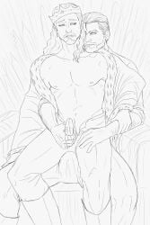 2020s 2025 2boys a_song_of_ice_and_fire aenys_i_targaryen beard bite_mark brothers conizk crown cum earrings erection eye_contact fire_and_blood game_of_thrones handjob incest iron_throne line_art long_hair maegor_targaryen male male/male male_only moustache penis sitting_on_lap sketch throne valyrian