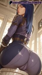 1girls 2025 ai_generated arcane arcane_caitlyn artist_name ass belt caitlyn_kiramman dark-skinned_female dark_skin electroworld female from_behind hi_res high_quality high_resolution highres indoors league_of_legends looking_back one_eye_closed pantylines patreon patreon_username riot_games solo stable_diffusion watermark window