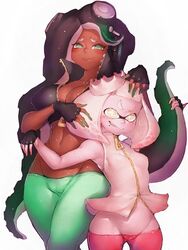 2girls big_breasts blush breasts cameltoe cleavage covered_nipples dark_skin erect_nipples female fumio_(rsqkr) groin humanoid inkling large_breasts looking_at_viewer marina_(splatoon) mole multiple_girls navel octoling pale_skin pantyhose pearl_(splatoon) small_breasts smile splatoon splatoon_2 thigh_gap thighs voluptuous wide_hips