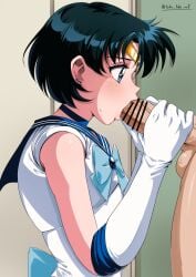 1boy absurdres ami_mizuno bar_censor bishoujo_senshi_sailor_moon blue_choker blue_hair bow censored choker commentary_request earrings elbow_gloves fellatio female gloves head_out_of_frame highres jewelry large_penis multiple_earrings multiple_piercings oral penis profile sailor_collar sailor_mercury short_hair sweatdrop takatsuki_p tiara white_gloves
