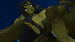1futa 3d big_breasts big_ears black_hair choker feet from_below futanari goblin green_skin high_heels huge_cock jewelry looking_at_viewer looking_down piercing pov sloppydragons solo vrchat vrchat_penis