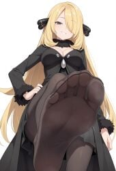 1girls blodne_hair clothed clothed_female clothing cynthia_(pokemon) feet female female_only foot_focus footwear game_freak hachi0571 legwear light-skinned_female light_skin nintendo pantyhose pokemon pokemon_bdsp pokemon_dppt soles solo solo_female toes