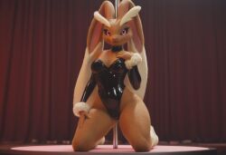 ai_generated anthro anthropomorphic beautiful bunny_ears bunny_girl female fur furry furry_only generation_4_pokemon latex_clothing looking_at_viewer lopunny on_knees pink_eyes pokemon pokemon_(species) seductive seductive_look seductive_smile sexy sexy_body sexy_pose smiling_at_viewer stage strip_club stripper stripper_pole wide_hips