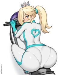 1girls ass ass_focus back_view big_ass biker_clothes biker_rosalina blonde_hair blue_eyes bodysuit breasts crown female kuroonehalf looking_at_viewer mario_(series) mario_kart motorcycle nintendo one_eye_obstructed pantylines ponytail princess_rosalina sideboob skin_tight smile solo tight_clothing