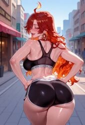 1girls ahoge ai_generated ass ass_focus back balecxi bangs bare_arms bare_shoulders black_bra black_clothes black_shorts black_sports_bra black_underwear blue_sky blush bra breasts building city clothing cloud crop_top curvaceous curvaceous_female curvaceous_figure curvy curvy_figure day dolphin_shorts earrings exhibitionism female female_focus female_only from_behind genshin_impact hands_on_hips hands_on_own_hips hoyoverse huge_ass indoors inviting inviting_to_sex jewelry large_breasts lips long_hair looking_at_viewer looking_back mavuika_(genshin_impact) midriff multicolored_hair open_mouth orange_hair outdoors outside presenting presenting_ass presenting_breasts presenting_hindquarters presenting_self red_eyes red_hair seductive seductive_look seductive_smile shiny_skin short_shorts shorts sideboob sky smile solo sports_bra sportswear standing sweat tank_top thick_thighs thighs underwear voluptuous voluptuous_female wet