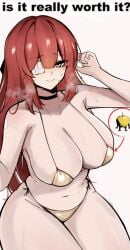 bandaged_leg bikini breasts cleavage eyebrows_visible_through_hair eyelashes_visible_through_hair female female_focus female_only golden_apple_(limbus_company) golden_bikini large_breasts light-skinned_female limbus_company long_hair m_ayonessa nipple_outline one_eye_covered pink_hair project_moon steam string_bikini sweatdrop sweating text thighs white_background white_eyes yuri_(limbus_company)