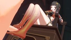 1boy 1girls bare_legs barefoot erection feet feet_on_penis female foot_fetish footjob honkai:_star_rail hoyoverse lingsha_(honkai:_star_rail) male mihoyo red_eyes red_feet red_hands red_toenails saucifer3d sitting_on_chair smirk thighs toes