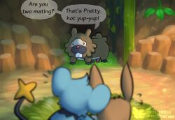 ambiguous_gender bidoof bidoof_(eotds) blue_body blue_fur blurred_character blush brown_body caught detailed_background dialogue digital_media_(artwork) eevee english_text erection felid feral fur generation_1_pokemon generation_4_pokemon genitals grass group hi_res male mammal multicolored_body multicolored_fur nest nintendo offscreen_sex open_mouth penis plant pokemon pokemon_(species) pokemon_mystery_dungeon rock rodent rymherdier shinx solo_focus spike_chunsoft tail teeth text trio two_tone_body two_tone_fur vines voyeur walk-in