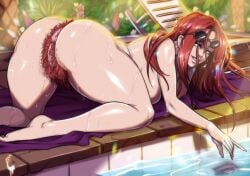 1girls all_fours anus_peek ass bikini blue_eyes detailed_background excessive_pubic_hair female female_only hairy_anus hairy_pussy league_of_legends long_hair looking_at_viewer miss_fortune poolside pubic_hair red_bikini red_hair red_pubic_hair riot_games smiling smiling_at_viewer solo sunglasses_on_head thick_ass thick_thighs turtlechan very_high_resolution wet_body