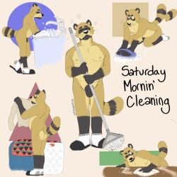 anthro black_ears black_hands black_nose broom brown_body brown_eyes brown_fur canid canine casual_nudity cleaning_rag cleaning_supplies cleaning_tool closed_eyes clothing eyebrows eyes_always_closed footwear footwear_only frown fur furniture genitals hi_res kneeling laundry male male_only mammal mop mostly_nude nipples nude p_rindustries p_rindustries_(p_rindustries) penis raccoon_dog shoes simple_background sink slippers slippers_only socks socks_only standing table tanuki thick_eyebrows tongue tongue_out whisker_spots