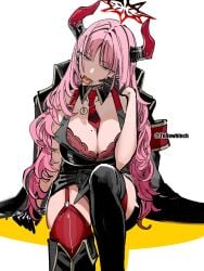 big_breasts blue_archive bra coin_on_string demon demon_girl garter_straps gehenna_academy_student gloves halo high_resolution horns long_hair looking_at_viewer mole_on_breast otimusyairoha pink_hair satsuki_(blue_archive) skirt tongue_out uniform video_game_character