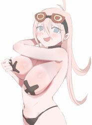 1girls ahoge blonde_hair blue_eyes blush breasts choker dadadaeki00 danganronpa danganronpa_v3 female female_only goggles goggles_on_head hair_between_eyes iruma_miu large_breasts long_hair looking_at_viewer pasties removing_pasties simple_background smile solo underwear x_pasties